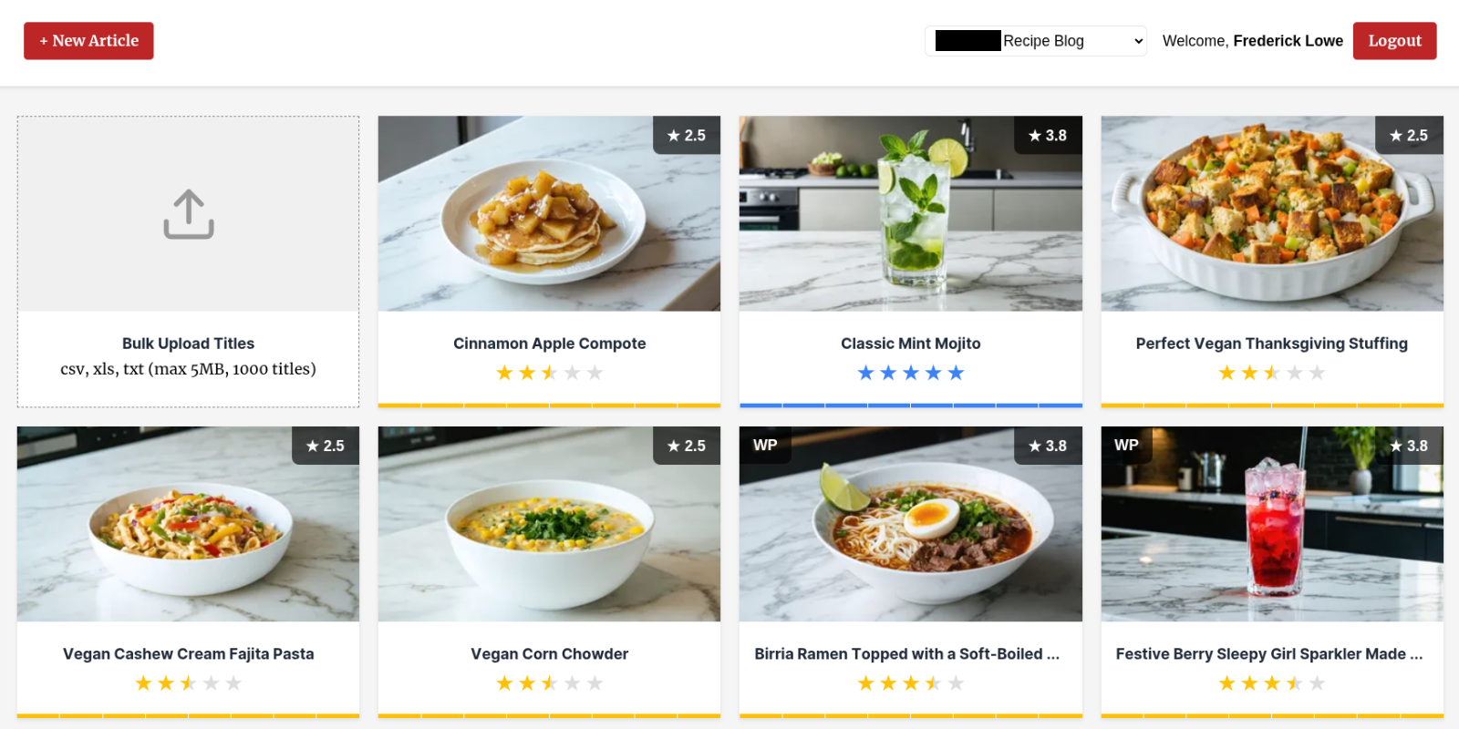 Article cards showing image thumbnails, titles, star ratings, and segmented progress bars
