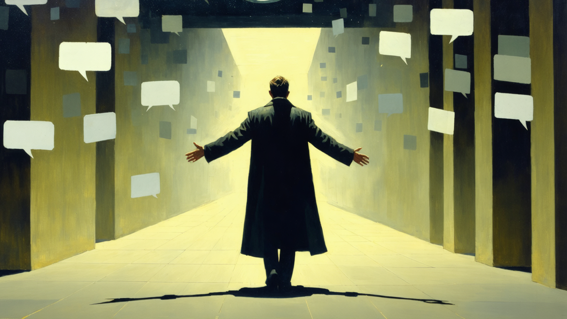 A person standing still, arms wide, catching inbound messages